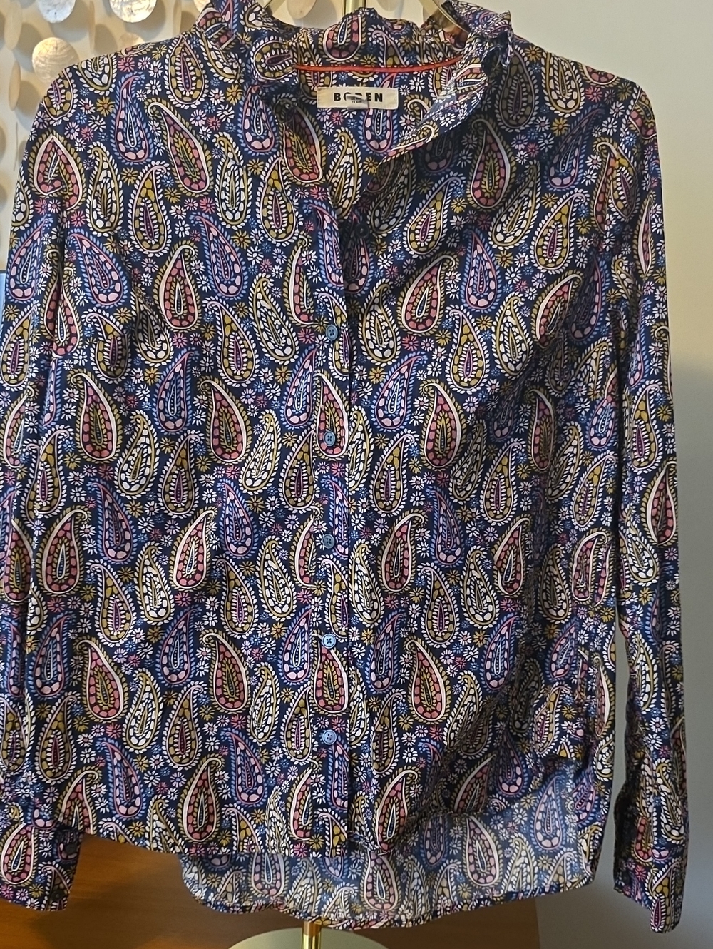 Boden Navy Paisley Button-Front Shirt with Pink & Gold Accents